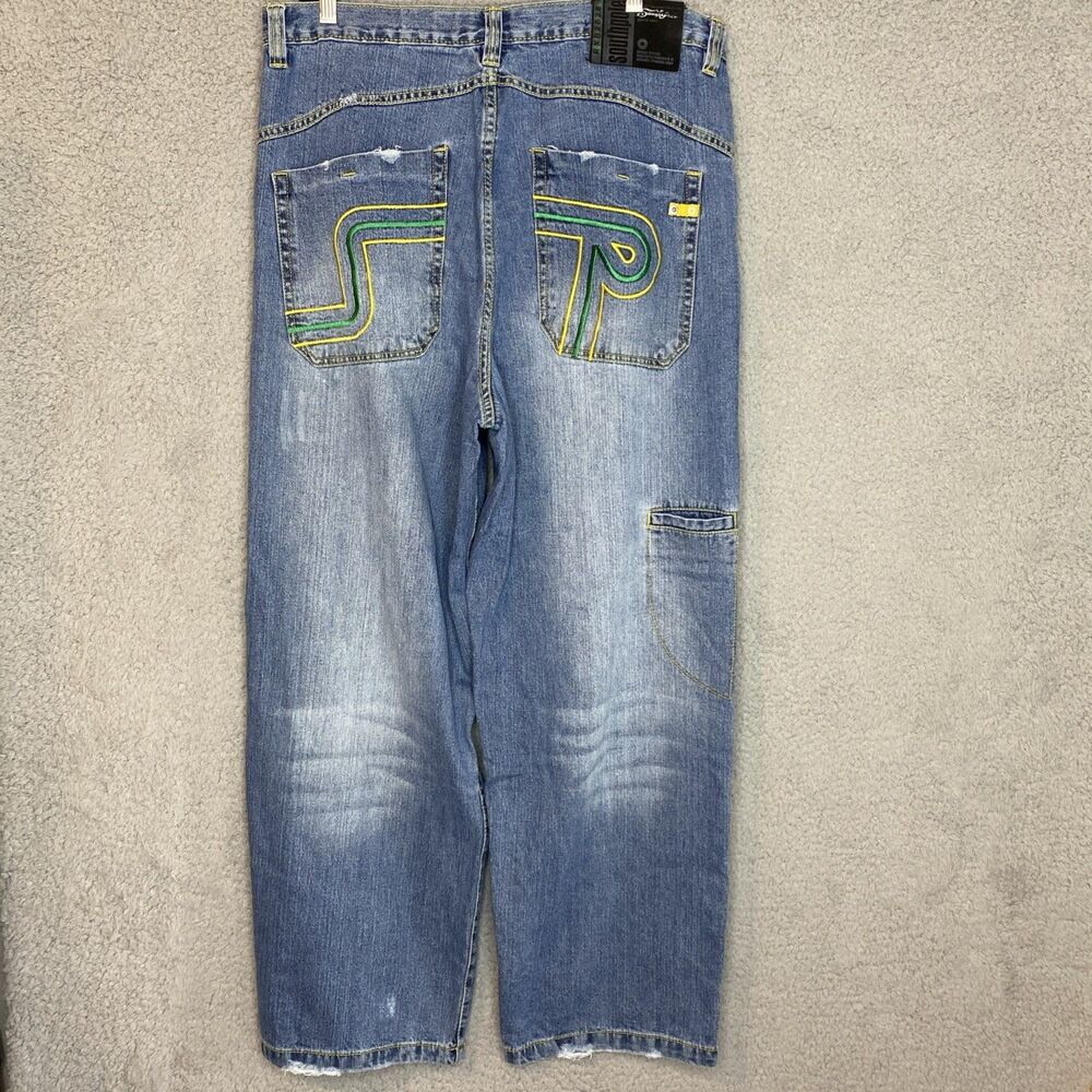 Y2K Vintage Southpole Baggy Jeans Mens 38x30 Wide Leg Embroidered Frayed RX82628